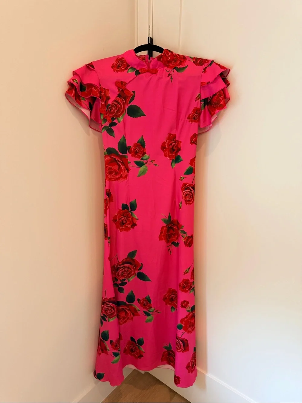 Pink Floral Maxi Dress with Mandarin Neck